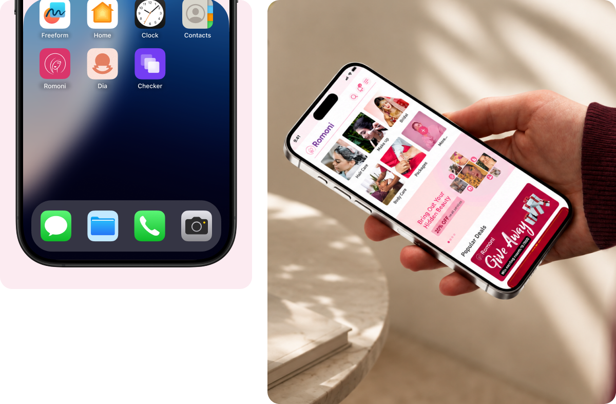 Romoni platform overview with mobile mockup