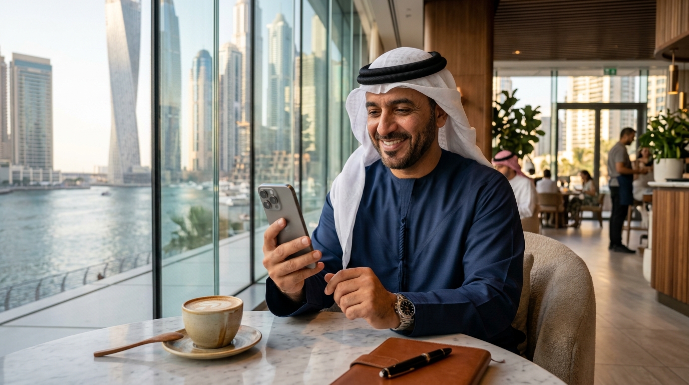 Friendly Arab professional using a fintech banking app in a Dubai cafe