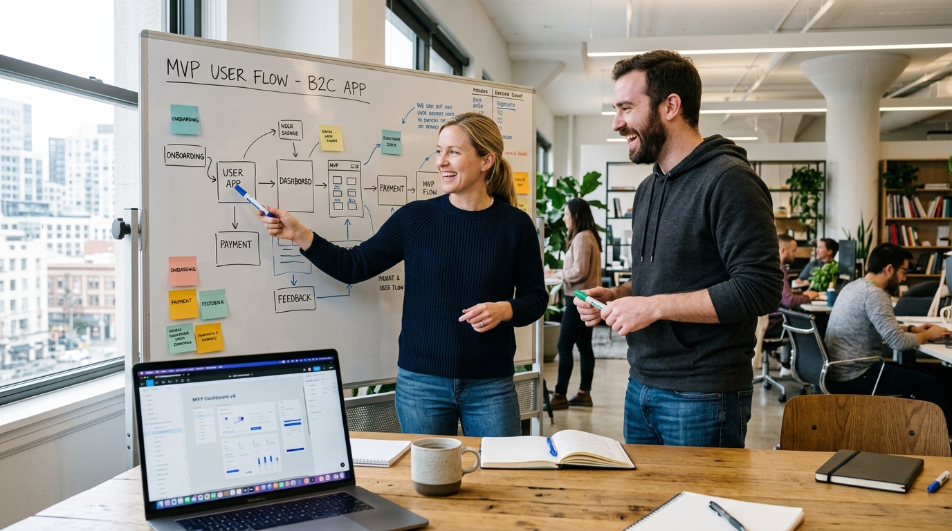 Startup founder and UX designer whiteboarding MVP user flow